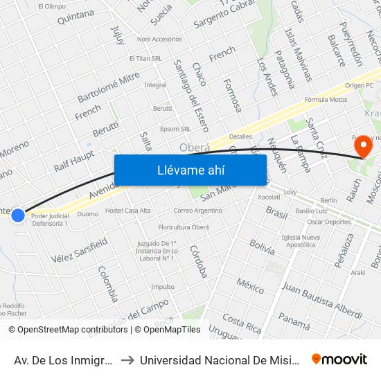 Av. De Los Inmigrantes Y Río Paraná to Universidad Nacional De Misiones (Unam) - Regional Oberá map
