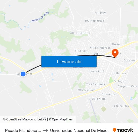 Picada Filandesa Y Picada Africana to Universidad Nacional De Misiones (Unam) - Regional Oberá map