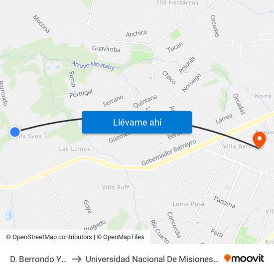 D. Berrondo Y  Donchenko to Universidad Nacional De Misiones (Unam) - Regional Oberá map