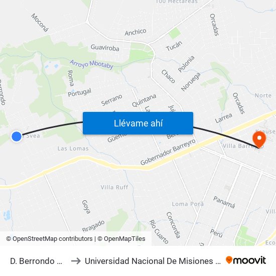 D. Berrondo Y A. Iglesias to Universidad Nacional De Misiones (Unam) - Regional Oberá map