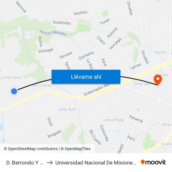 D. Berrondo Y  C. Fueguinos to Universidad Nacional De Misiones (Unam) - Regional Oberá map