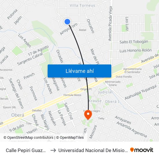 Calle Pepiri Guazú Y Calle Necochea to Universidad Nacional De Misiones (Unam) - Regional Oberá map