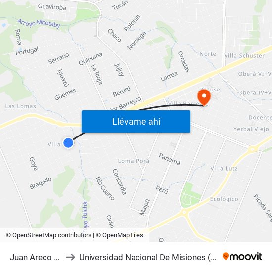 Juan Areco Y Tartagal to Universidad Nacional De Misiones (Unam) - Regional Oberá map