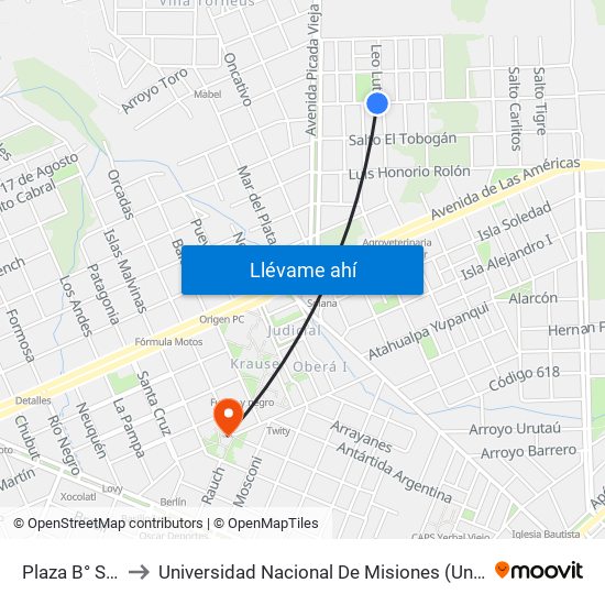Plaza B° Schuster to Universidad Nacional De Misiones (Unam) - Regional Oberá map