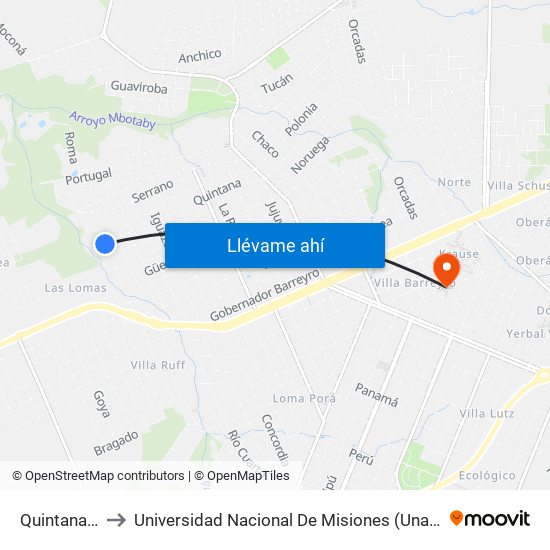 Quintana, 2110 to Universidad Nacional De Misiones (Unam) - Regional Oberá map