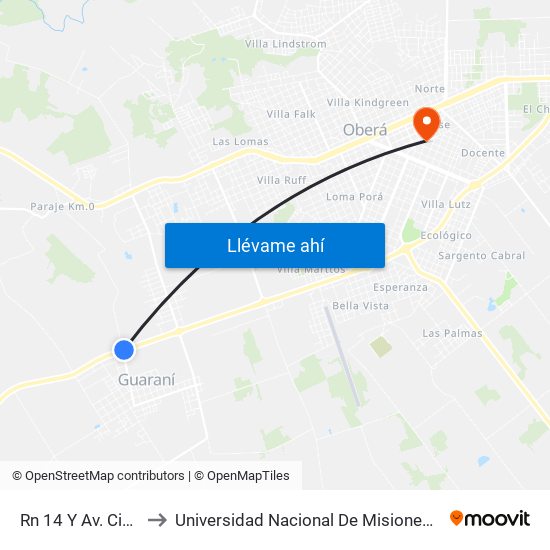 Rn 14 Y Av. Cincuentenario to Universidad Nacional De Misiones (Unam) - Regional Oberá map