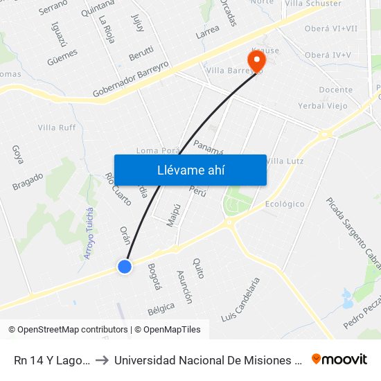 Rn 14 Y Lago Argentino to Universidad Nacional De Misiones (Unam) - Regional Oberá map