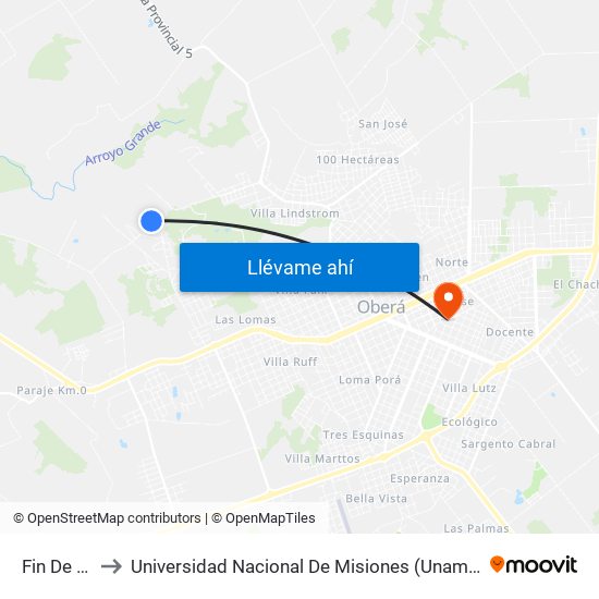 Fin De Línea to Universidad Nacional De Misiones (Unam) - Regional Oberá map