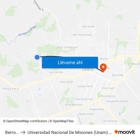 Berrondo to Universidad Nacional De Misiones (Unam) - Regional Oberá map