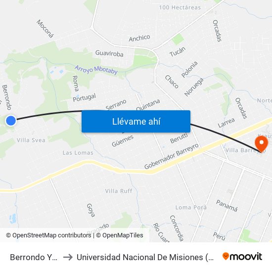 Berrondo Y Portugal to Universidad Nacional De Misiones (Unam) - Regional Oberá map