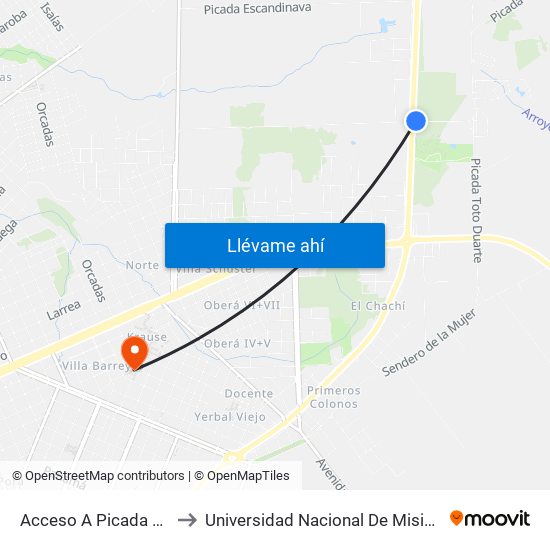 Acceso A Picada Toto Duarte Y Rn 14 to Universidad Nacional De Misiones (Unam) - Regional Oberá map