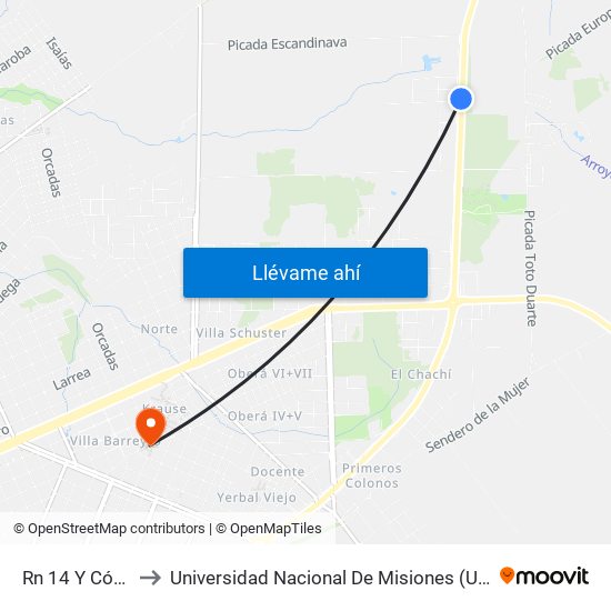 Rn 14 Y Código 874 to Universidad Nacional De Misiones (Unam) - Regional Oberá map