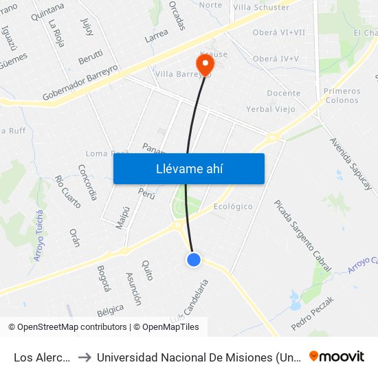 Los Alerces, 918 to Universidad Nacional De Misiones (Unam) - Regional Oberá map