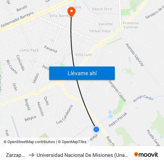 Zarzaparrilla to Universidad Nacional De Misiones (Unam) - Regional Oberá map