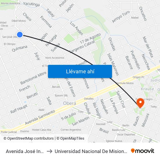 Avenida José Ingenieros, 1111 to Universidad Nacional De Misiones (Unam) - Regional Oberá map