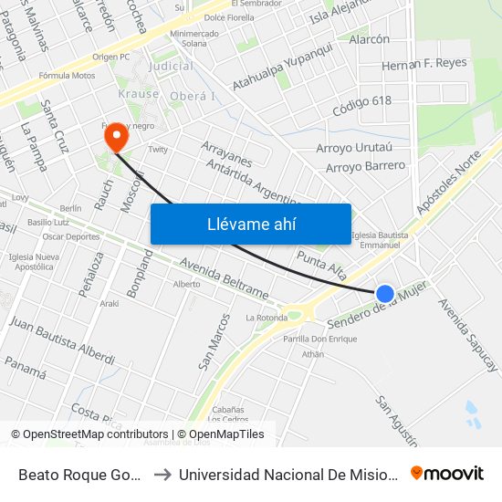 Beato Roque González Norte, 298 to Universidad Nacional De Misiones (Unam) - Regional Oberá map