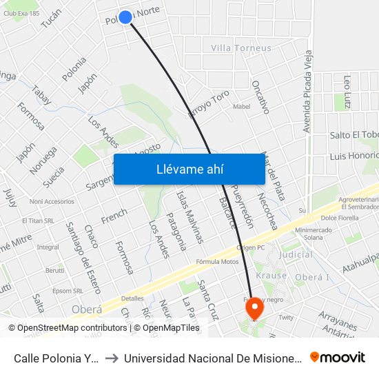 Calle Polonia Y Calle Francia to Universidad Nacional De Misiones (Unam) - Regional Oberá map