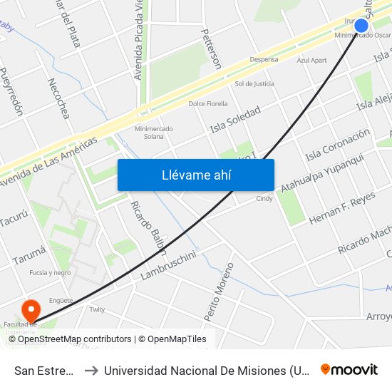 San Estrecho, 250 to Universidad Nacional De Misiones (Unam) - Regional Oberá map