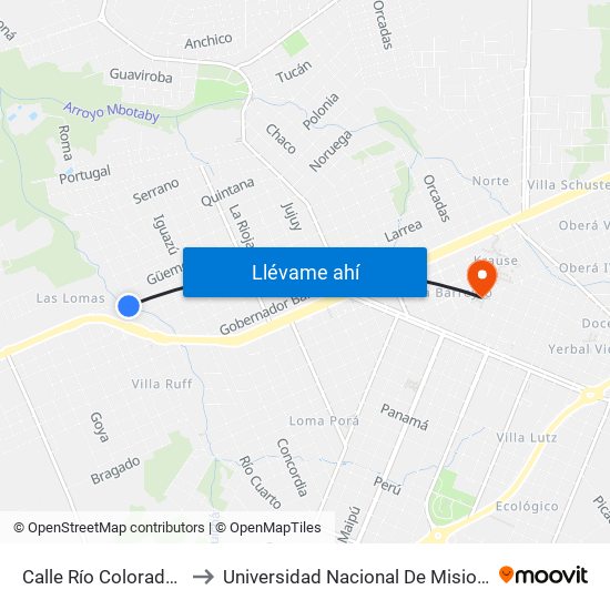 Calle Río Colorado Y Calle Saavedra to Universidad Nacional De Misiones (Unam) - Regional Oberá map