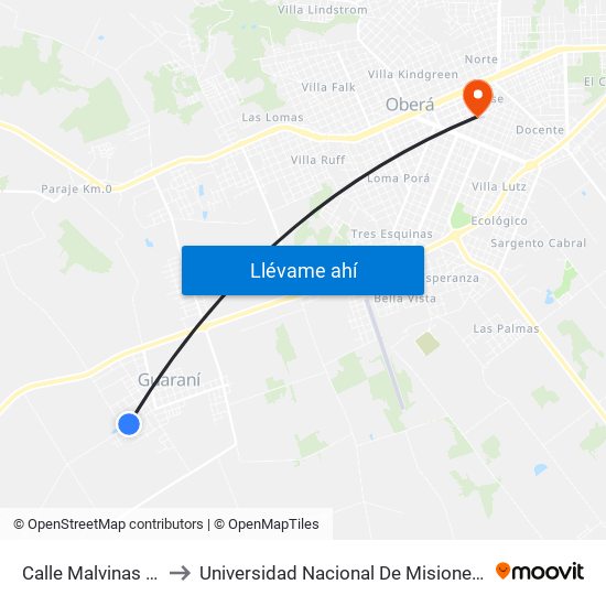 Calle Malvinas Y Av. Libertad to Universidad Nacional De Misiones (Unam) - Regional Oberá map