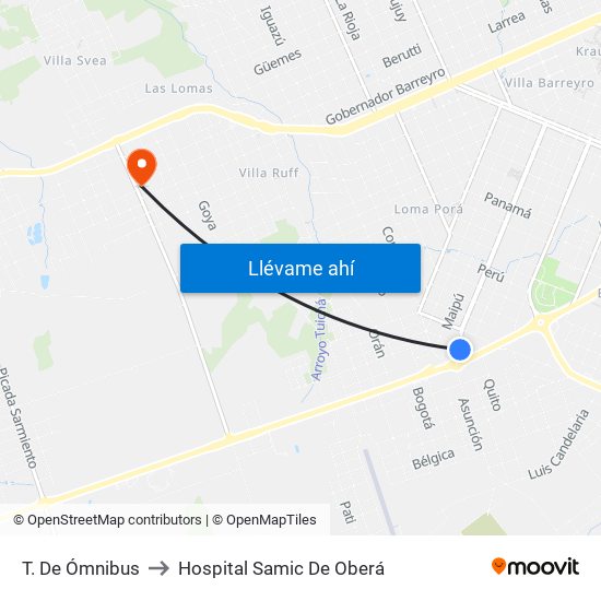 T. De Ómnibus to Hospital Samic De Oberá map