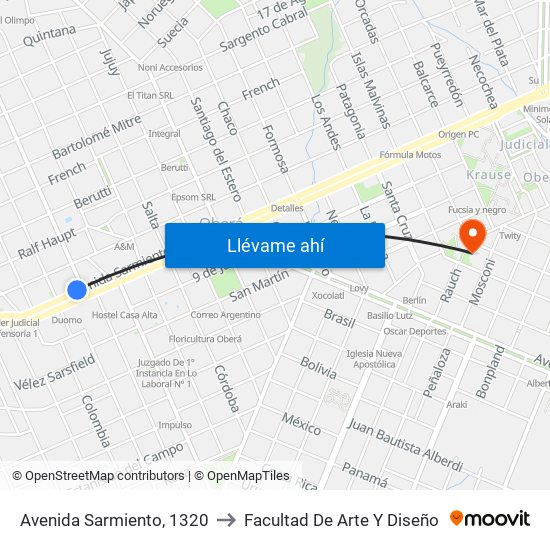 Avenida Sarmiento, 1320 to Facultad De Arte Y Diseño map