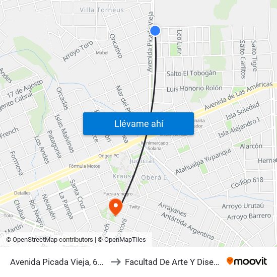 Avenida Picada Vieja, 601 to Facultad De Arte Y Diseño map
