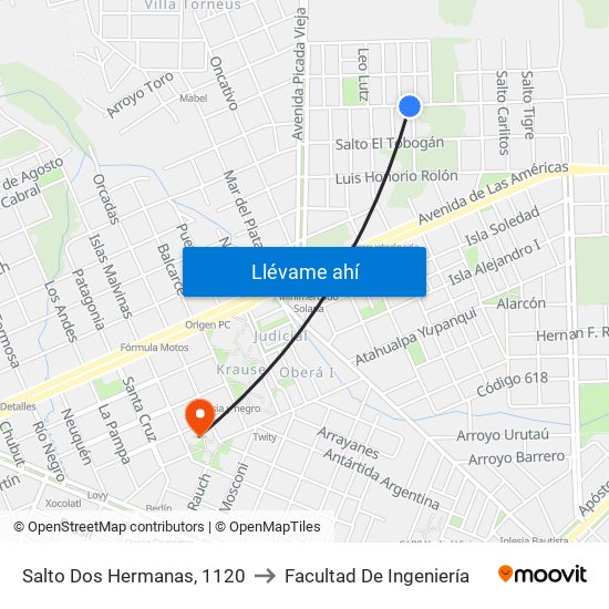 Salto Dos Hermanas, 1120 to Facultad De Ingeniería map