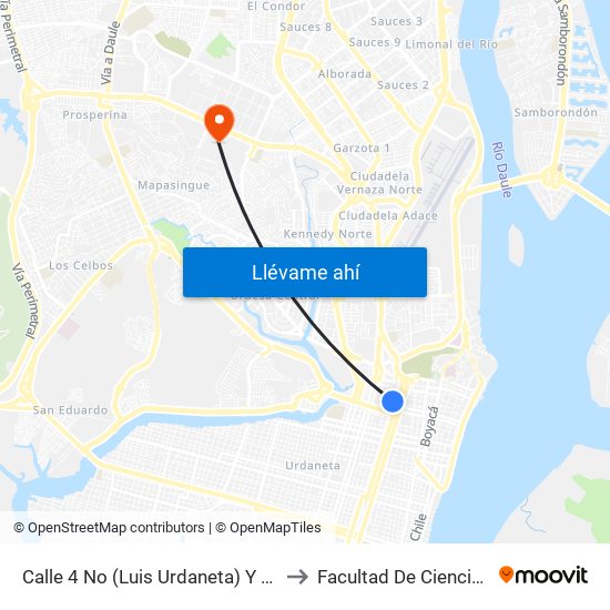 Calle 4 No (Luis Urdaneta) Y  Avenida 2 No (Antepara) to Facultad De Ciencias Naturales (Ug) map