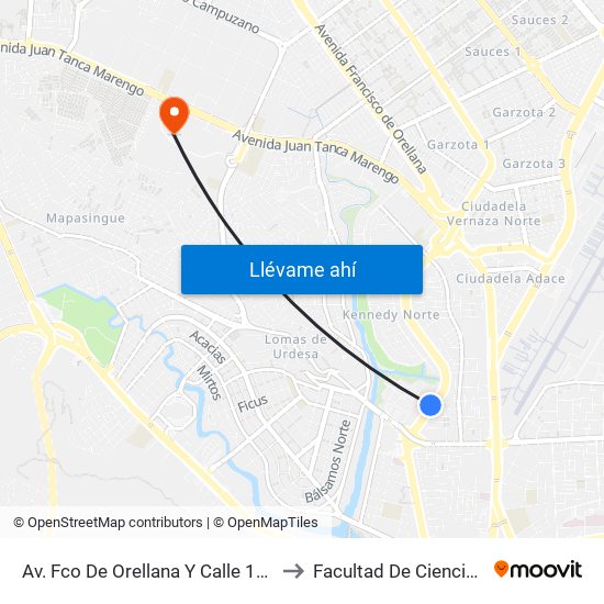 Av. Fco De Orellana  Y  Calle 12b (Ingreso Urb. Garzas) to Facultad De Ciencias Naturales (Ug) map