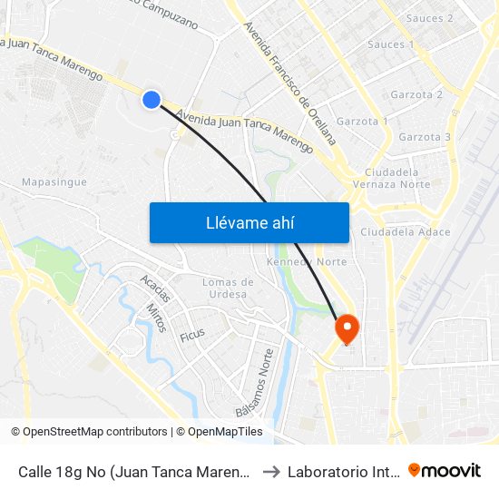 Calle 18g No (Juan Tanca Marengo) Y Proyeccion De 2do Pasaje 32 No (2do Pasaje 32) to Laboratorio Interlab Matriz Administrativa map