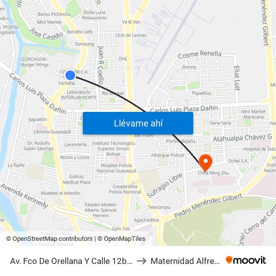 Av. Fco De Orellana  Y  Calle 12b (Ingreso Urb. Garzas) to Maternidad Alfredo G. Paulson map