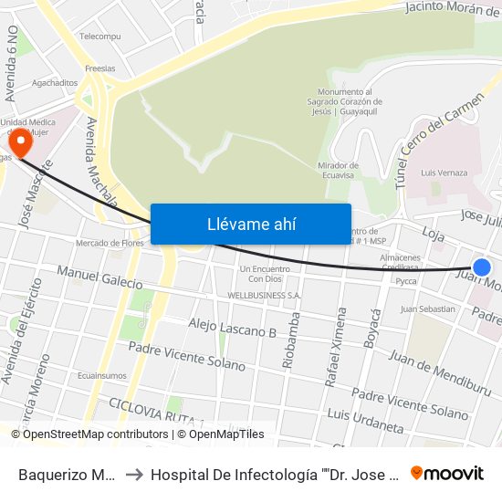 Baquerizo Moreno Y Loja to Hospital De Infectología ""Dr. Jose Daniel Rodriguez Maridueña"" map