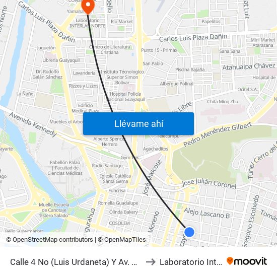 Calle 4 No (Luis Urdaneta) Y Av. 1 No (Pedro Moncayo) to Laboratorio Interlab Norte map