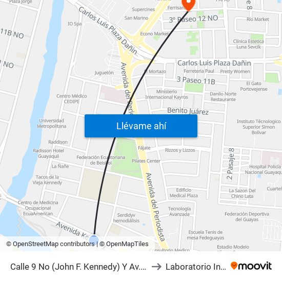 Calle 9 No (John F. Kennedy) Y Av. 10 No (Fortunato Safadi) to Laboratorio Interlab Norte map