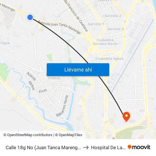 Calle 18g No (Juan Tanca Marengo) Y Proyeccion De 2do Pasaje 32 No (2do Pasaje 32) to Hospital De La Mujer Alfredo G. Paulson map