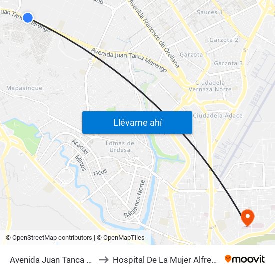 Avenida Juan Tanca Marengo, 1 to Hospital De La Mujer Alfredo G. Paulson map
