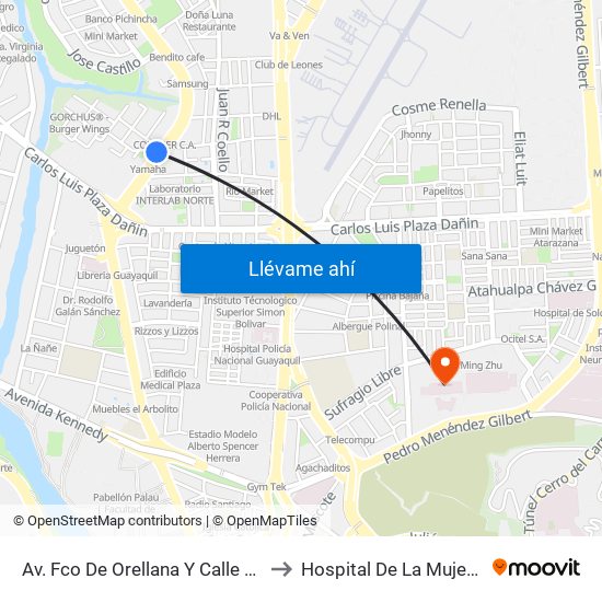 Av. Fco De Orellana  Y  Calle 12b (Ingreso Urb. Garzas) to Hospital De La Mujer Alfredo G. Paulson map