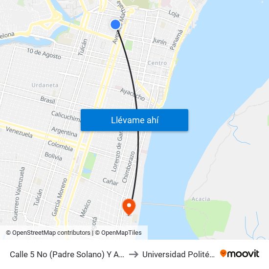 Calle 5 No (Padre Solano) Y  Avenida 2 No (Antepara) to Universidad Politécnica Salesiana map