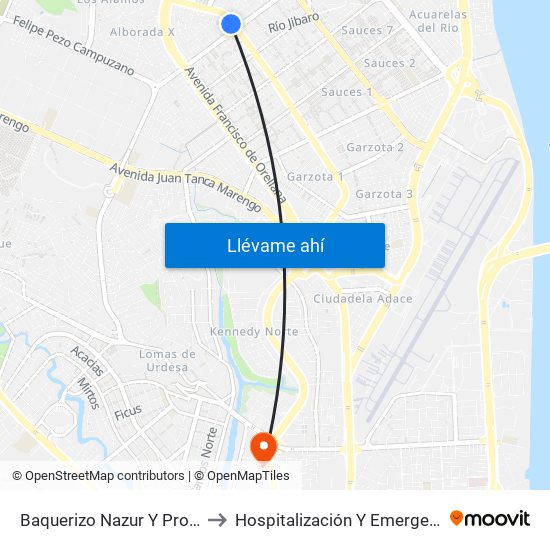 Baquerizo Nazur   Y  Proyeccion 1er Callejon 18 NE to Hospitalización Y Emergencia | Hospital Clínica Kennedy map