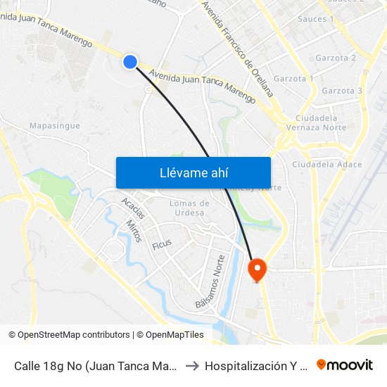 Calle 18g No (Juan Tanca Marengo) Y Proyeccion De 2do Pasaje 32 No (2do Pasaje 32) to Hospitalización Y Emergencia | Hospital Clínica Kennedy map