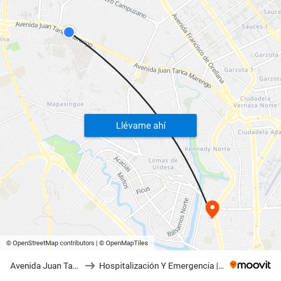 Avenida Juan Tanca Marengo, 1 to Hospitalización Y Emergencia | Hospital Clínica Kennedy map