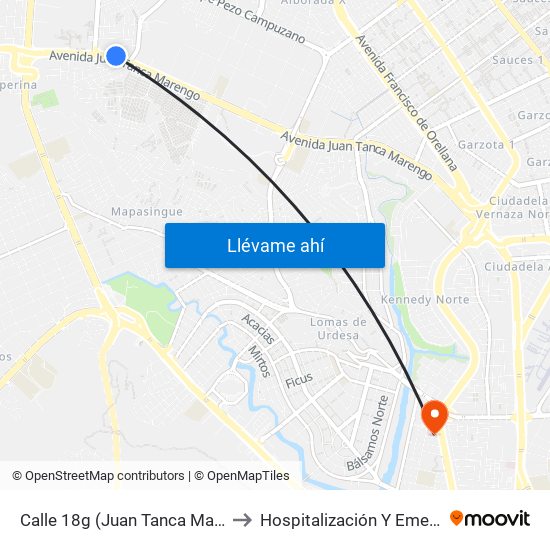 Calle 18g (Juan Tanca Marengo) Y Av 38c No (Av. Gomez Gault) to Hospitalización Y Emergencia | Hospital Clínica Kennedy map