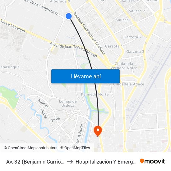Av. 32 (Benjamin Carrion) Y Callejon 1 No (Callejon 1) to Hospitalización Y Emergencia | Hospital Clínica Kennedy map