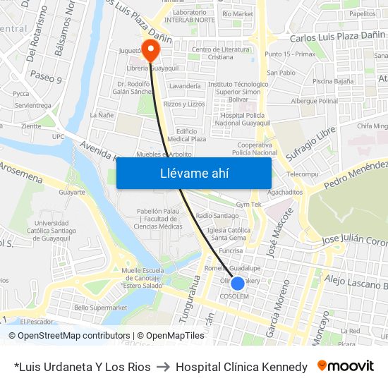 *Luis Urdaneta Y Los Rios to Hospital Clínica Kennedy map