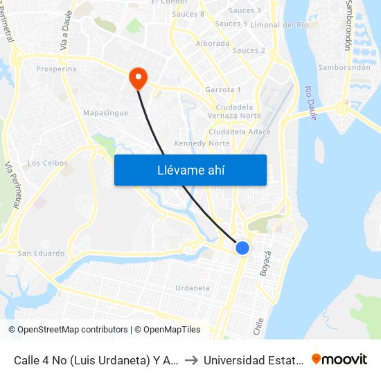 Calle 4 No (Luis Urdaneta) Y  Avenida 2 No (Antepara) to Universidad Estatal De Guayaquil map