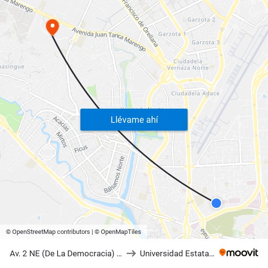 Av. 2 NE (De La Democracia) Y 1er Callejon 10 NE to Universidad Estatal De Guayaquil map