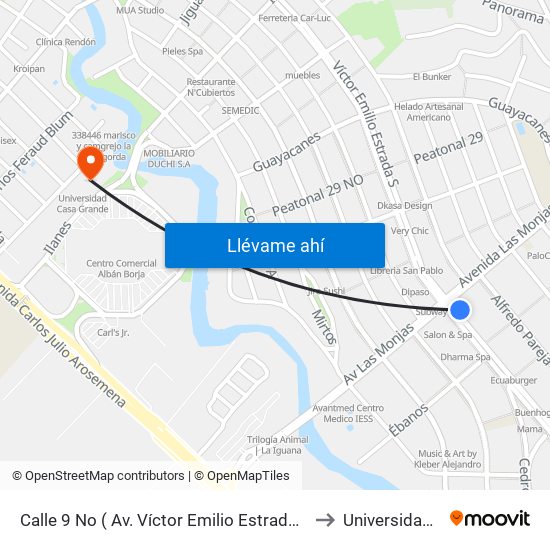 Calle 9 No ( Av. Víctor Emilio Estrada Y Av. Las Monjas (Bco. Del Pacifico) to Universidad Casa Grande map