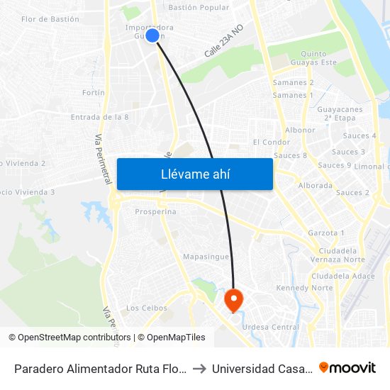 Paradero Alimentador Ruta Flor De Bastión to Universidad Casa Grande map