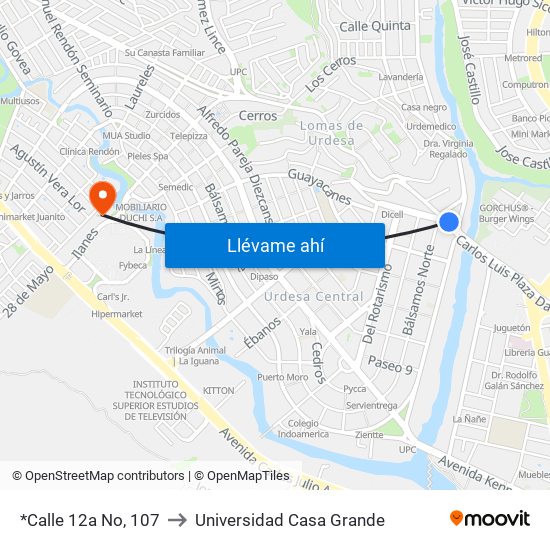 *Calle 12a No, 107 to Universidad Casa Grande map